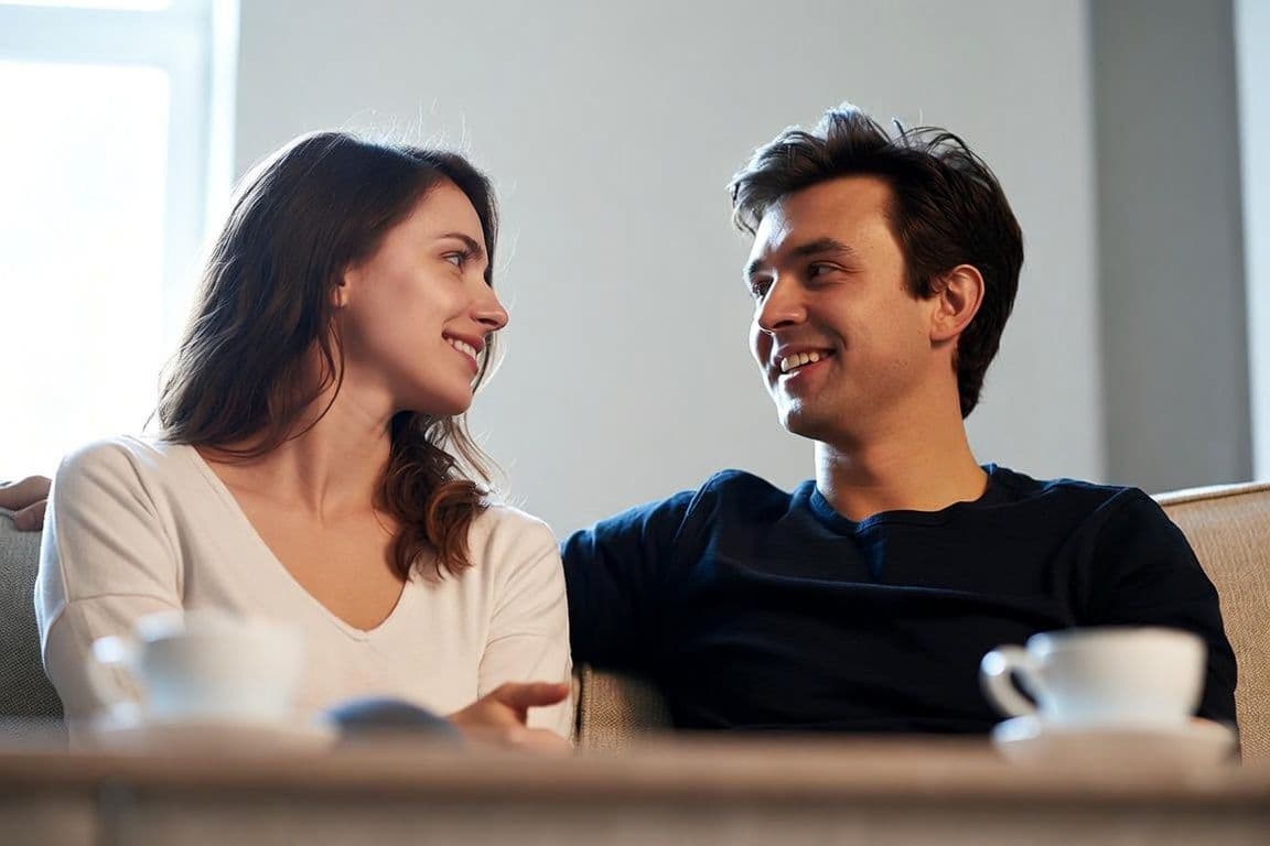 Couple détendu discutant de l'éjaculation précoce et des positions Couple détendu discutant de l'éjaculation précoce et des positions