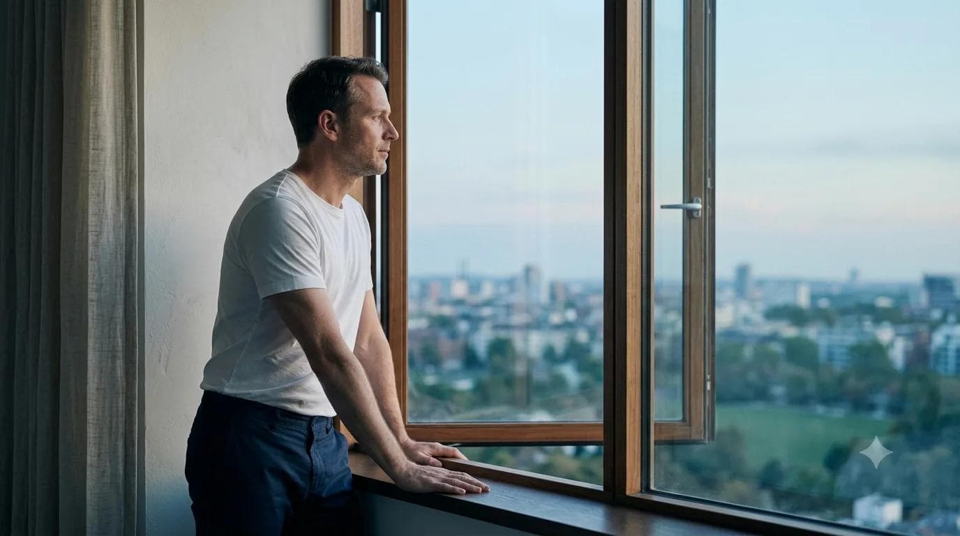 Homme pensif devant une fenêtre évoquant la période d'abstinence sexuelle et ses effets sur la santé masculine Homme pensif devant une fenêtre évoquant la période d'abstinence sexuelle et ses effets sur la santé masculine
