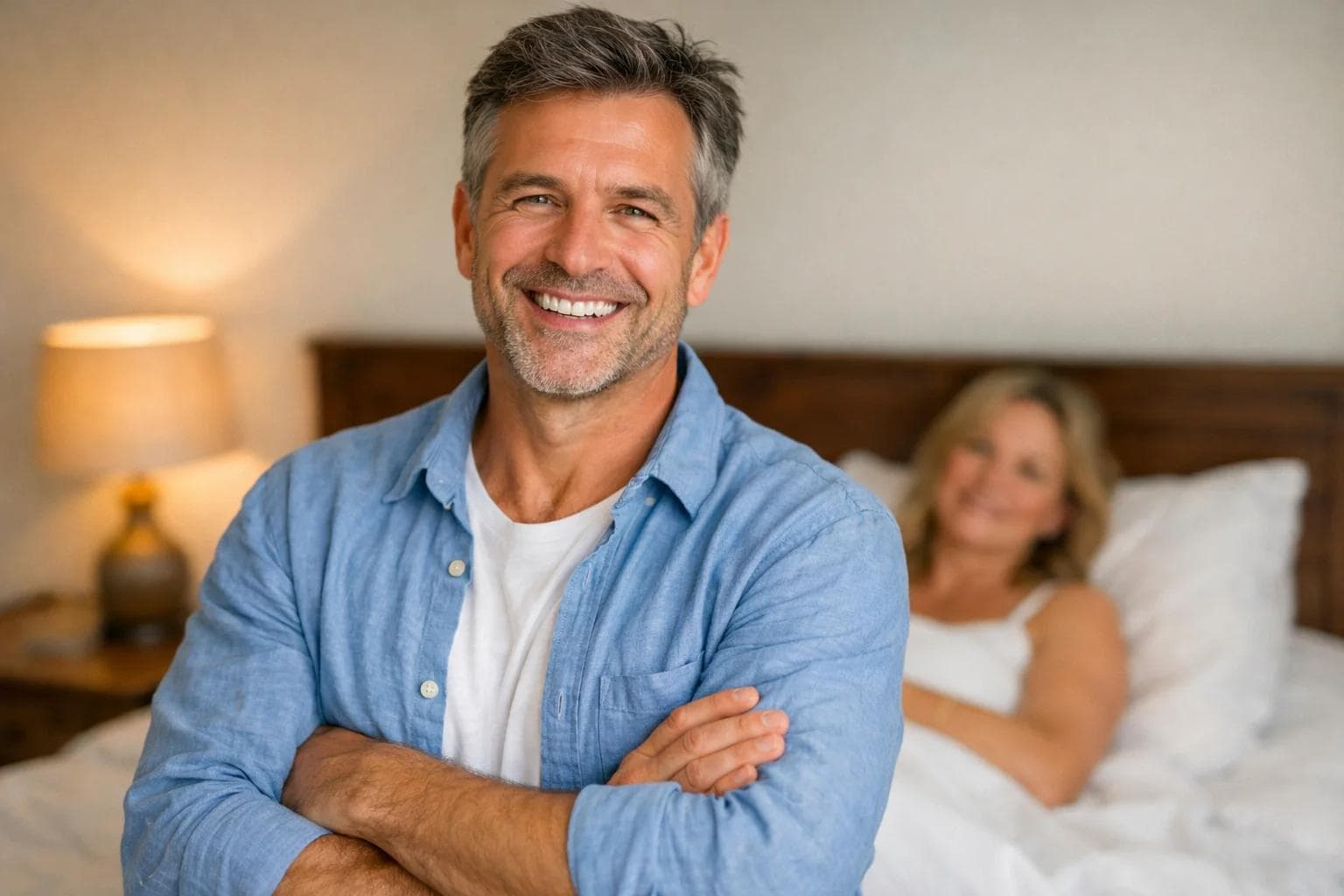 Homme confiant souriant après avoir retrouvé une vie sexuelle épanouie grâce au traitement de l'impuissance Homme confiant souriant après avoir retrouvé une vie sexuelle épanouie grâce au traitement de l'impuissance