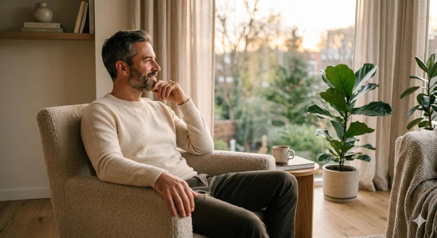 Homme rassuré consultant un médecin en ligne pour son anxiété de performance et retrouvant confiance au lit Homme rassuré consultant un médecin en ligne pour son anxiété de performance et retrouvant confiance au lit