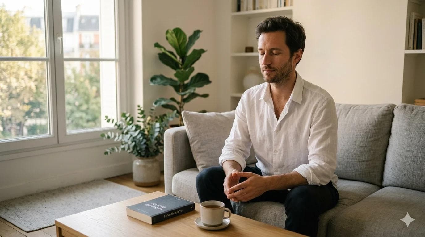 Homme trentenaire pratiquant la respiration profonde pour gérer le stress et l'érection Homme trentenaire pratiquant la respiration profonde pour gérer le stress et l'érection