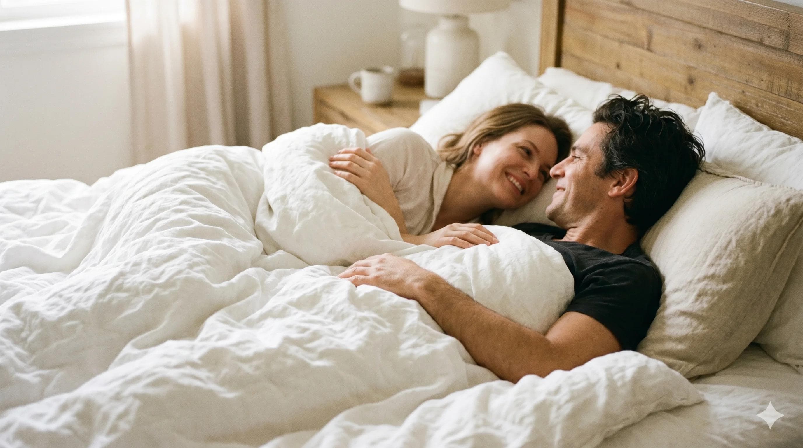 Couple complice dans un lit illustrant la lenteur des préliminaires face à l'éjaculation précoce Couple complice dans un lit illustrant la lenteur des préliminaires face à l'éjaculation précoce