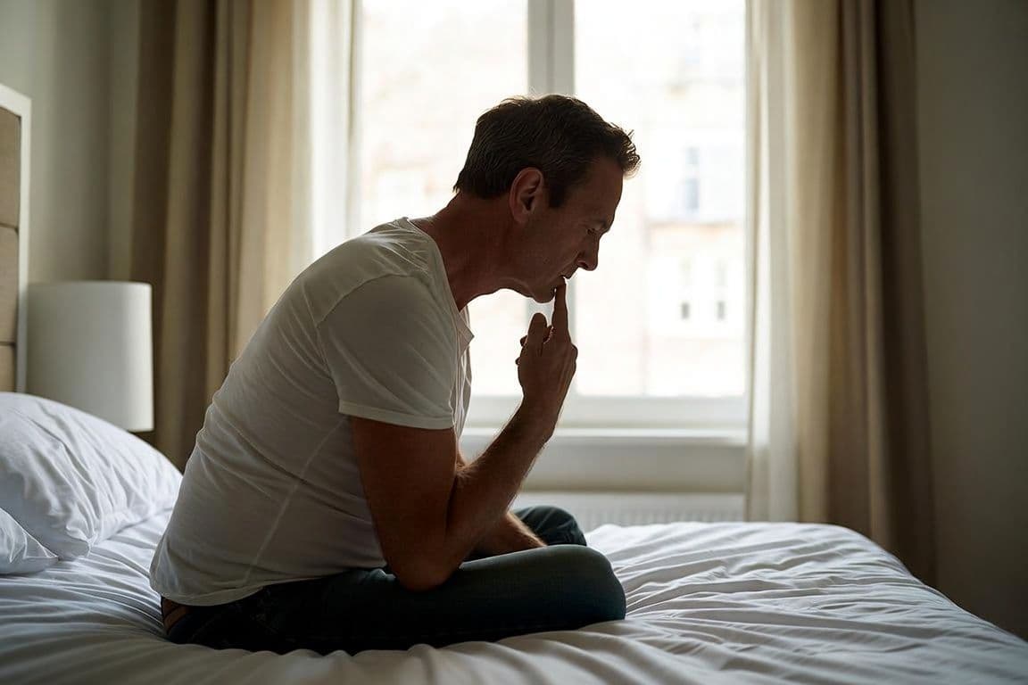 Homme pensif s'interrogeant sur un pénis en sablier et une possible maladie de Lapeyronie Homme pensif s'interrogeant sur un pénis en sablier et une possible maladie de Lapeyronie