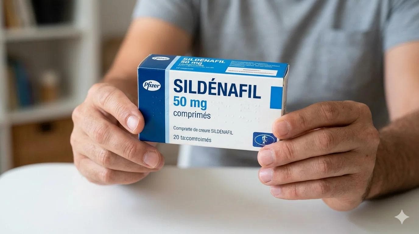 Homme tenant une boite de Sildénafil 50mg Homme tenant une boite de Sildénafil 50mg