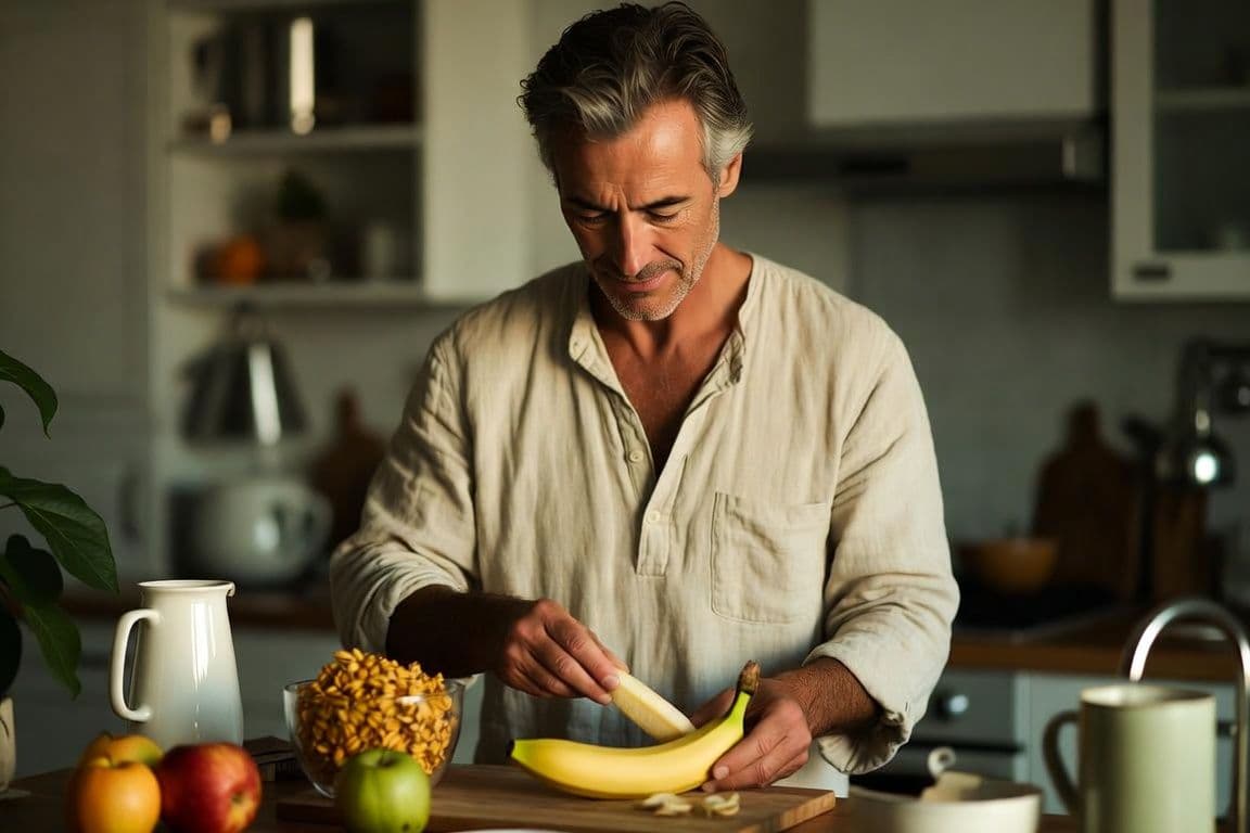 Homme d'une cinquantaine d'années préparant un petit-déjeuner avec une banane et des fruits frais dans sa cuisine Homme d'une cinquantaine d'années préparant un petit-déjeuner avec une banane et des fruits frais dans sa cuisine