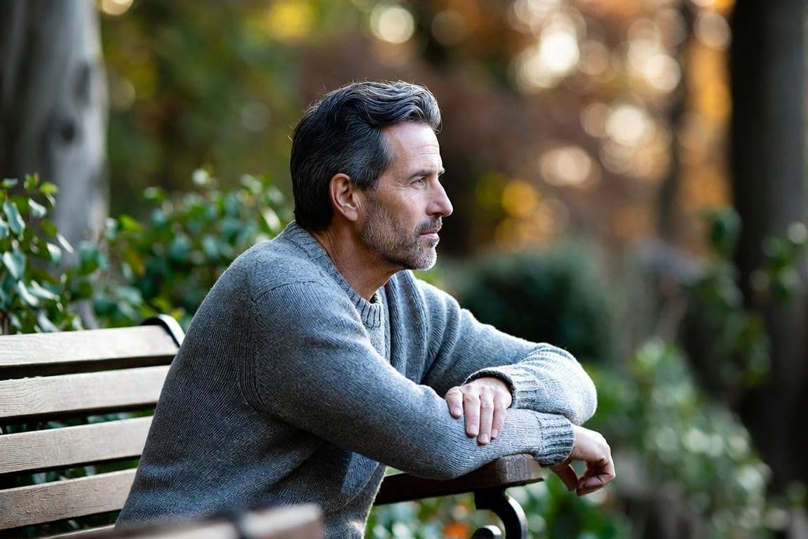 Homme de 55 ans pensif dans un jardin, symbolisant les changements d'humeur liés à l'andropause Homme de 55 ans pensif dans un jardin, symbolisant les changements d'humeur liés à l'andropause