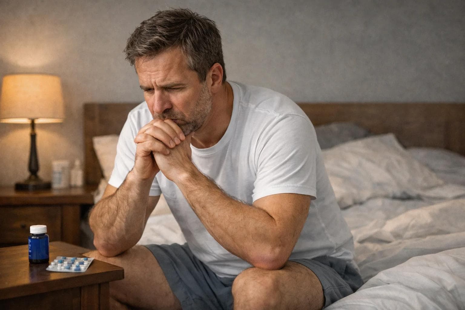 Homme préoccupé assis au bord du lit réfléchissant aux solutions pour ses troubles érectiles Homme préoccupé assis au bord du lit réfléchissant aux solutions pour ses troubles érectiles