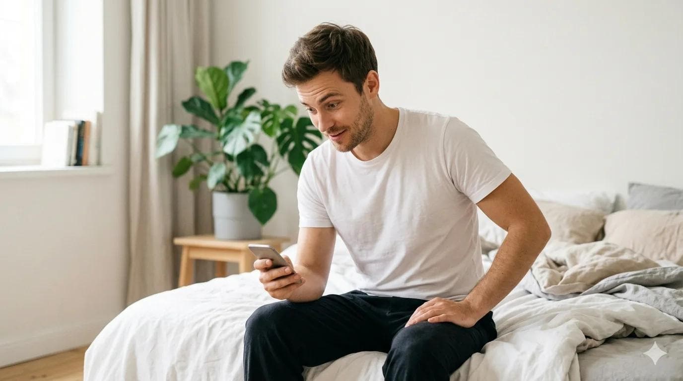 Jeune homme curieux sur son lit cherchant pourquoi il bande sans raison Jeune homme curieux sur son lit cherchant pourquoi il bande sans raison