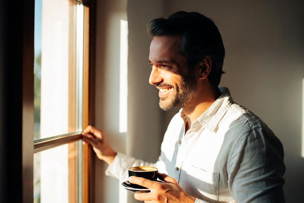 Homme souriant prenant son café le matin Homme souriant prenant son café le matin