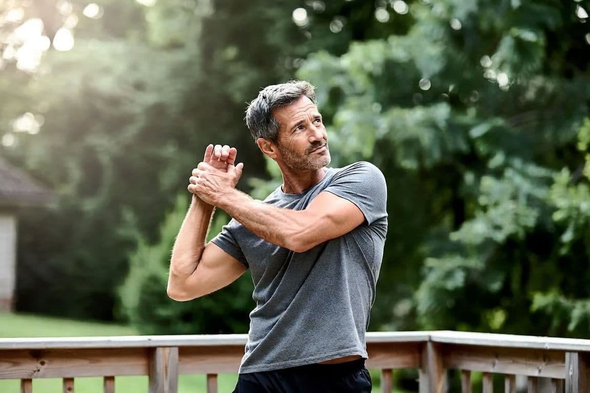 Homme de 55 ans faisant des étirements en plein air pour garder sa vitalité physique malgré l'andropause Homme de 55 ans faisant des étirements en plein air pour garder sa vitalité physique malgré l'andropause