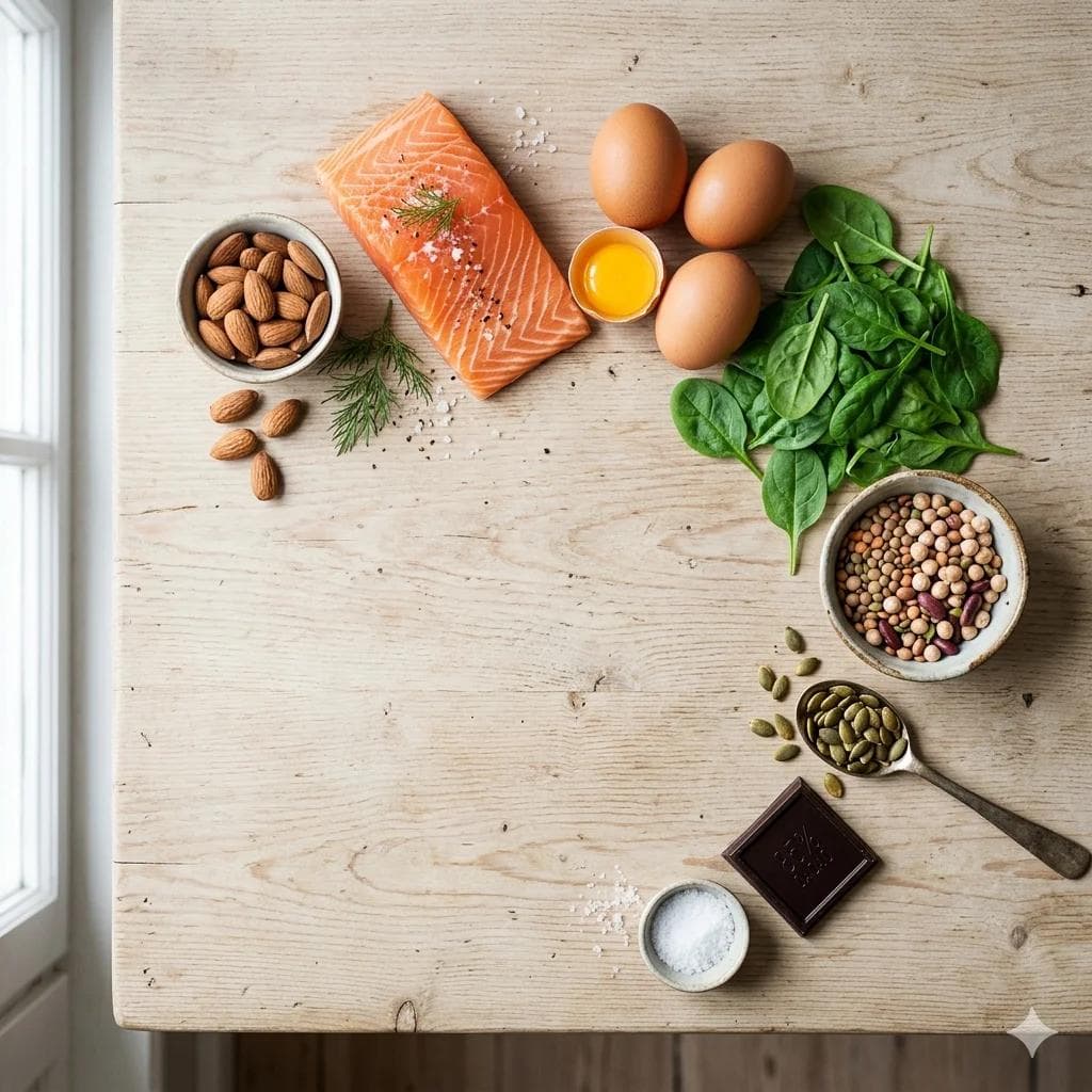Aliments riches en magnésium, zinc et oméga-3 illustrant le lien entre alimentation et éjaculation précoce Aliments riches en magnésium, zinc et oméga-3 illustrant le lien entre alimentation et éjaculation précoce