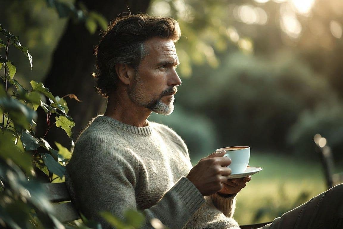Homme d'une quarantaine d'années assis sur un banc au jardin, une tasse à la main, l'air pensif et serein Homme d'une quarantaine d'années assis sur un banc au jardin, une tasse à la main, l'air pensif et serein