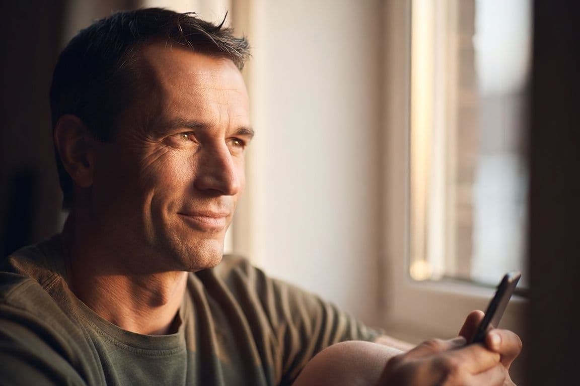 Homme serein en consultation en ligne, EMDR et troubles sexuels chez l'homme Homme serein en consultation en ligne, EMDR et troubles sexuels chez l'homme