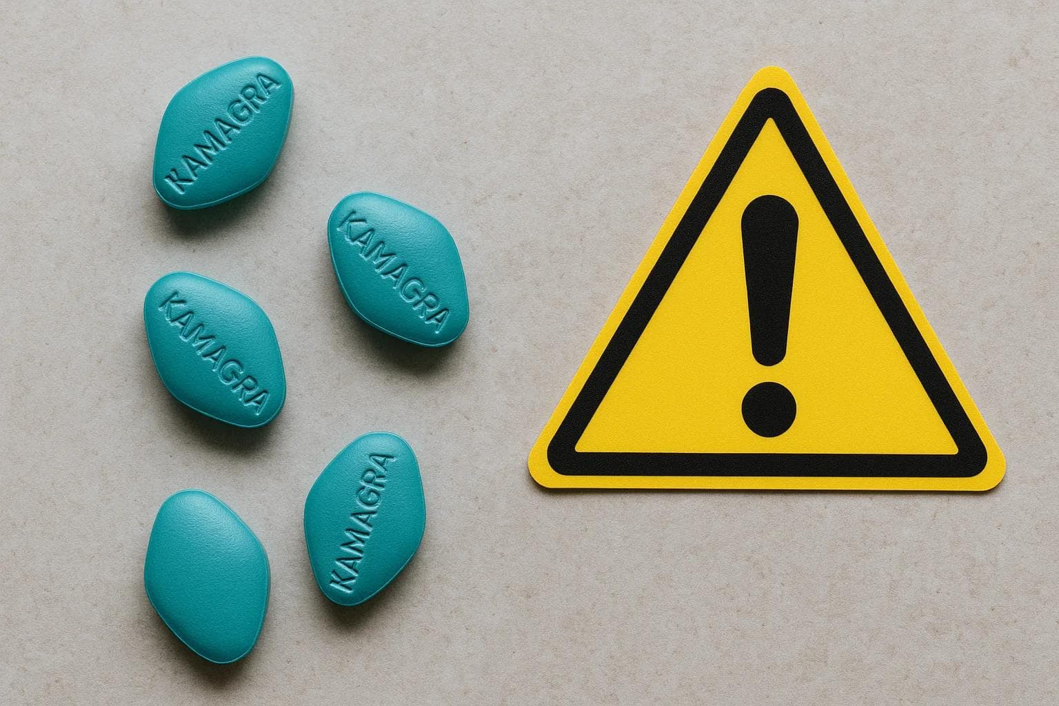 Comprimés de Kamagra avec symbole d'avertissement illustrant les dangers de l'achat en ligne de médicaments non autorisés Comprimés de Kamagra avec symbole d'avertissement illustrant les dangers de l'achat en ligne de médicaments non autorisés