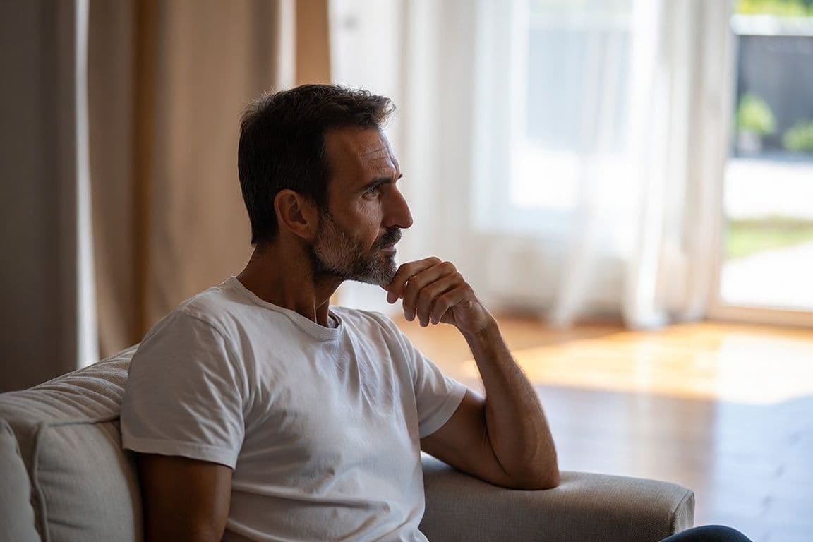 Homme préoccupé par une douleur à l'érection cherchant des informations médicales Homme préoccupé par une douleur à l'érection cherchant des informations médicales