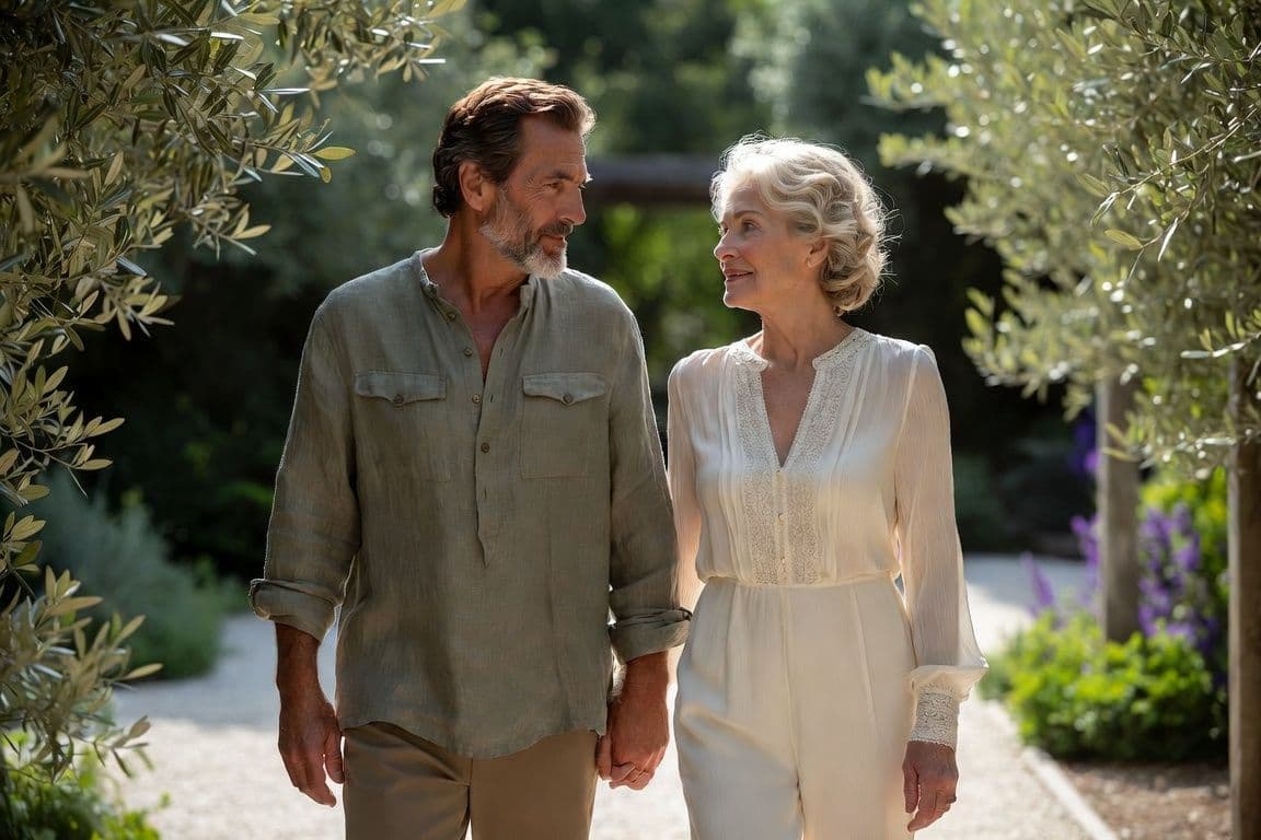 Couple mature marchant main dans la main dans un jardin méditerranéen évoquant un problème de prostate à 60 ans Couple mature marchant main dans la main dans un jardin méditerranéen évoquant un problème de prostate à 60 ans