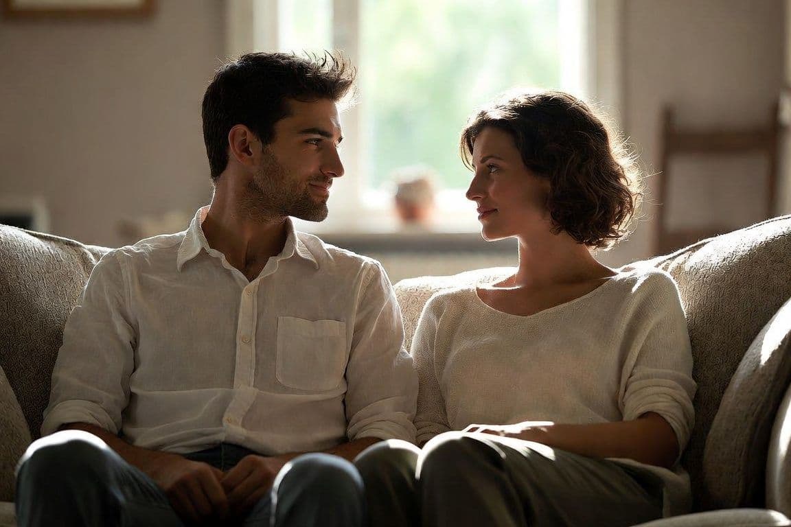 Éjaculation précoce et nouveau partenaire : couple détendu et complice sur un canapé Éjaculation précoce et nouveau partenaire : couple détendu et complice sur un canapé