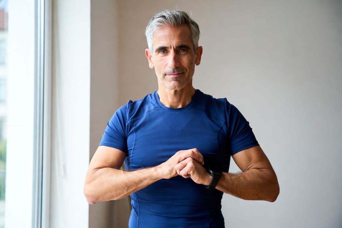 Homme actif de 50 ans maintenant sa force musculaire avec un haltère Homme actif de 50 ans maintenant sa force musculaire avec un haltère