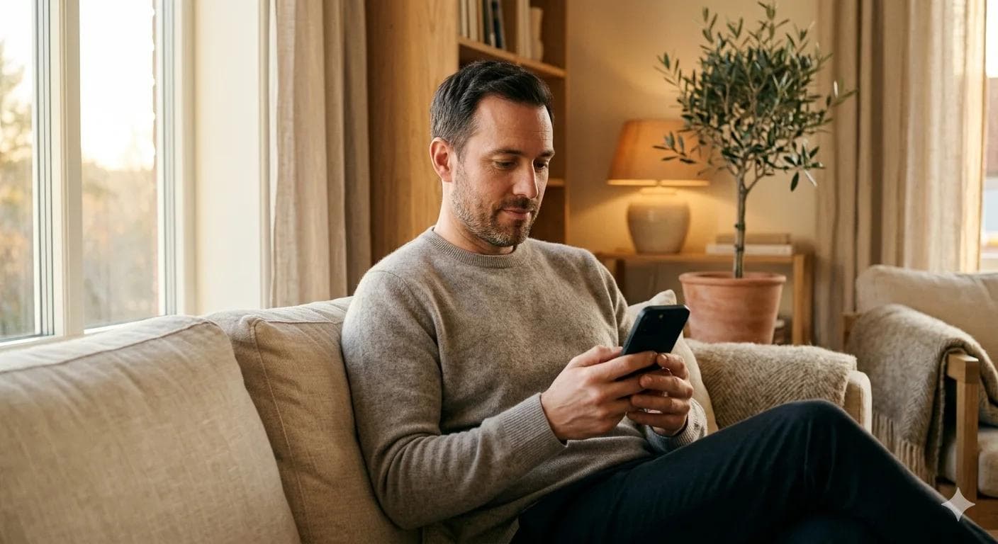 Homme en démarche confidentielle pour gérer son excitation et résoudre une éjaculation précoce via une consultation en ligne Homme en démarche confidentielle pour gérer son excitation et résoudre une éjaculation précoce via une consultation en ligne