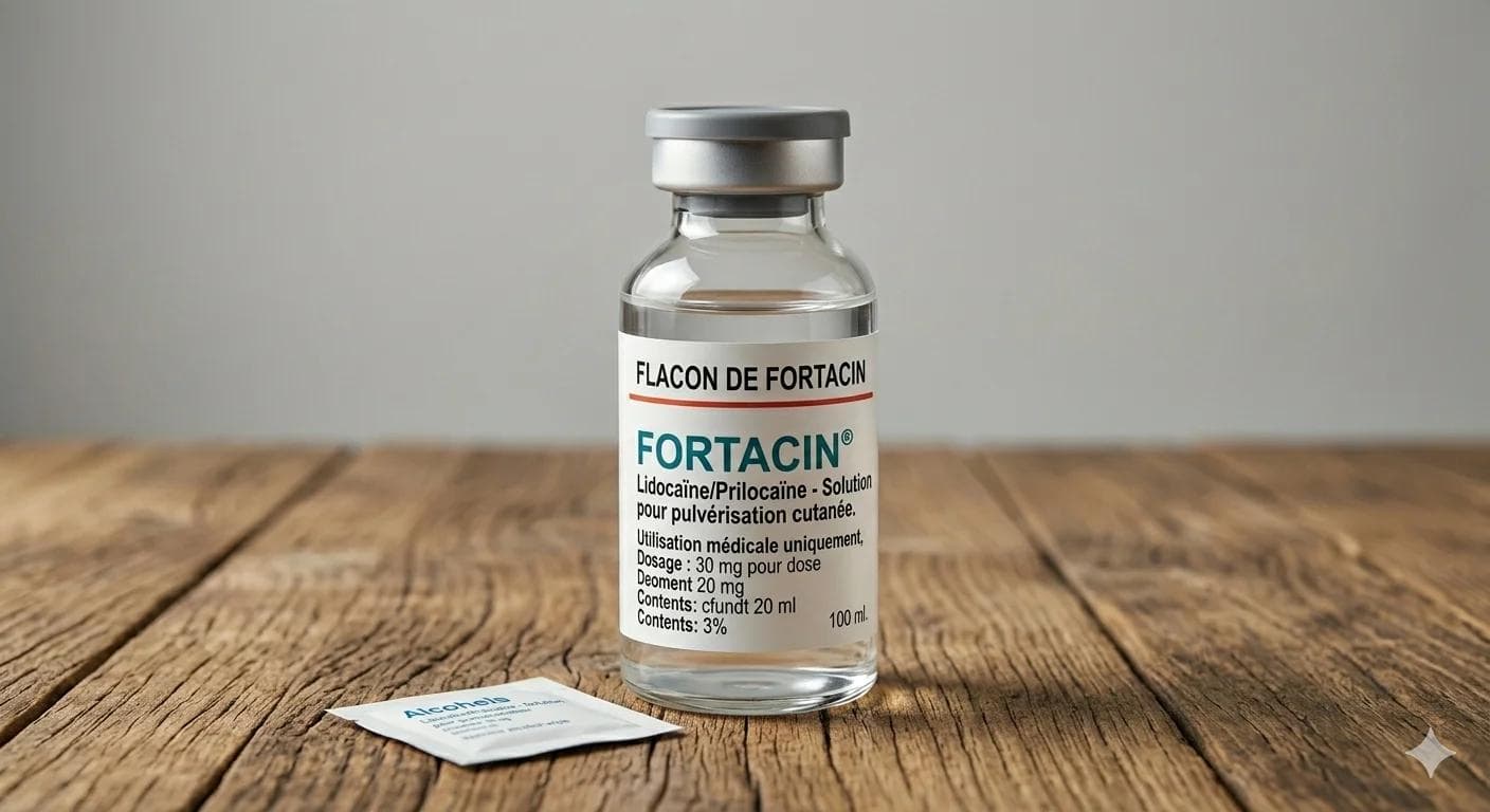 Flacon de spray Fortacin avec applicateur sur fond blanc, traitement topique pour l'éjaculation précoce Flacon de spray Fortacin avec applicateur sur fond blanc, traitement topique pour l'éjaculation précoce