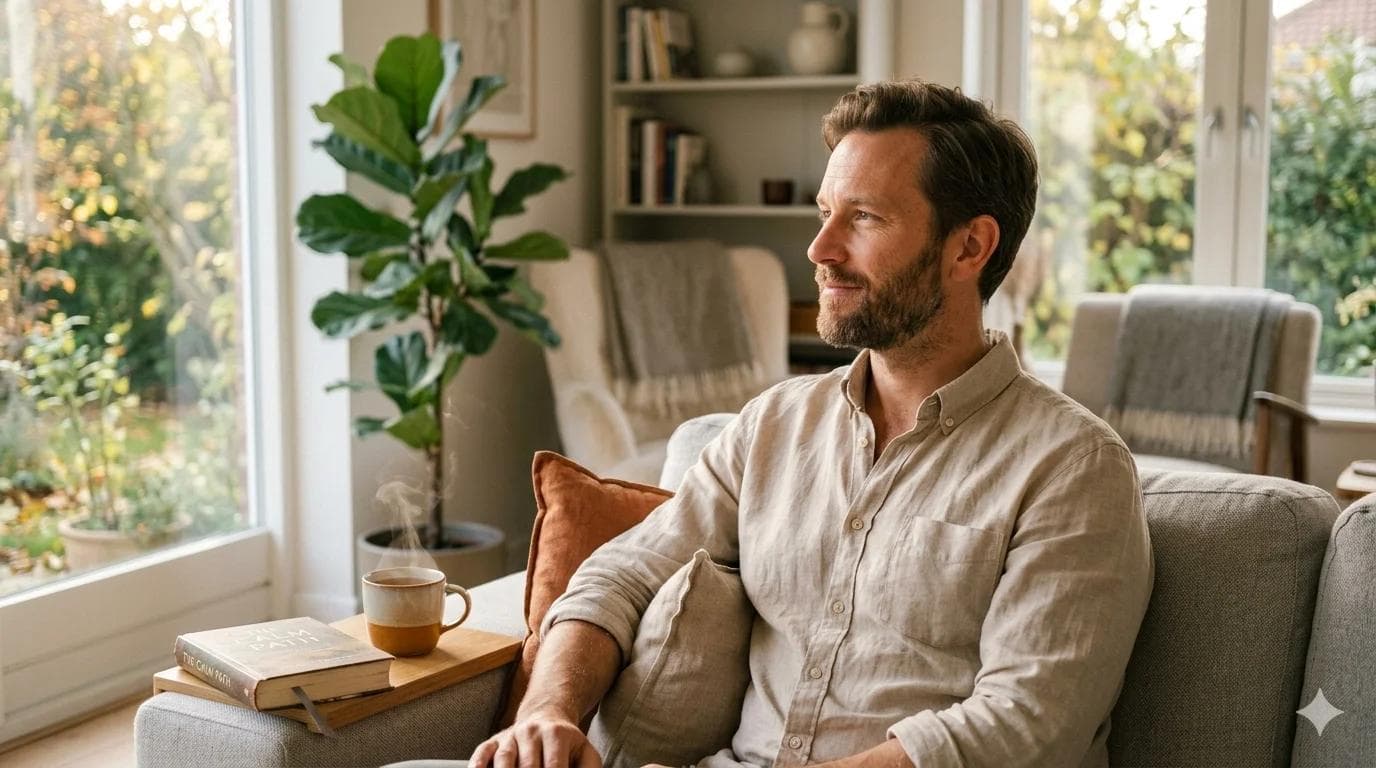 Homme de 40 ans serein chez lui, après avoir compris que sa panne d'érection est passagère Homme de 40 ans serein chez lui, après avoir compris que sa panne d'érection est passagère