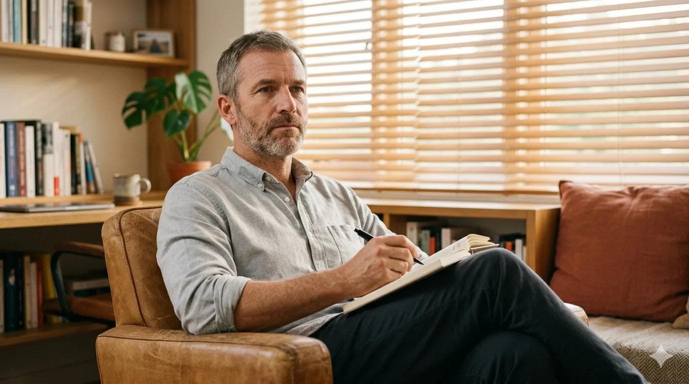 Homme quinquagénaire pensif décidant d'agir face à un dérèglement hormonal homme Homme quinquagénaire pensif décidant d'agir face à un dérèglement hormonal homme