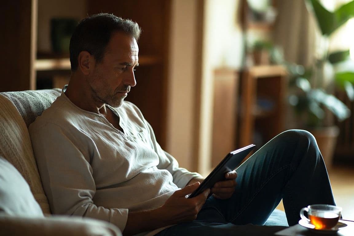 Homme de 50 ans lisant sur sa tablette dans son salon au sujet de la maladie de La Peyronie Homme de 50 ans lisant sur sa tablette dans son salon au sujet de la maladie de La Peyronie