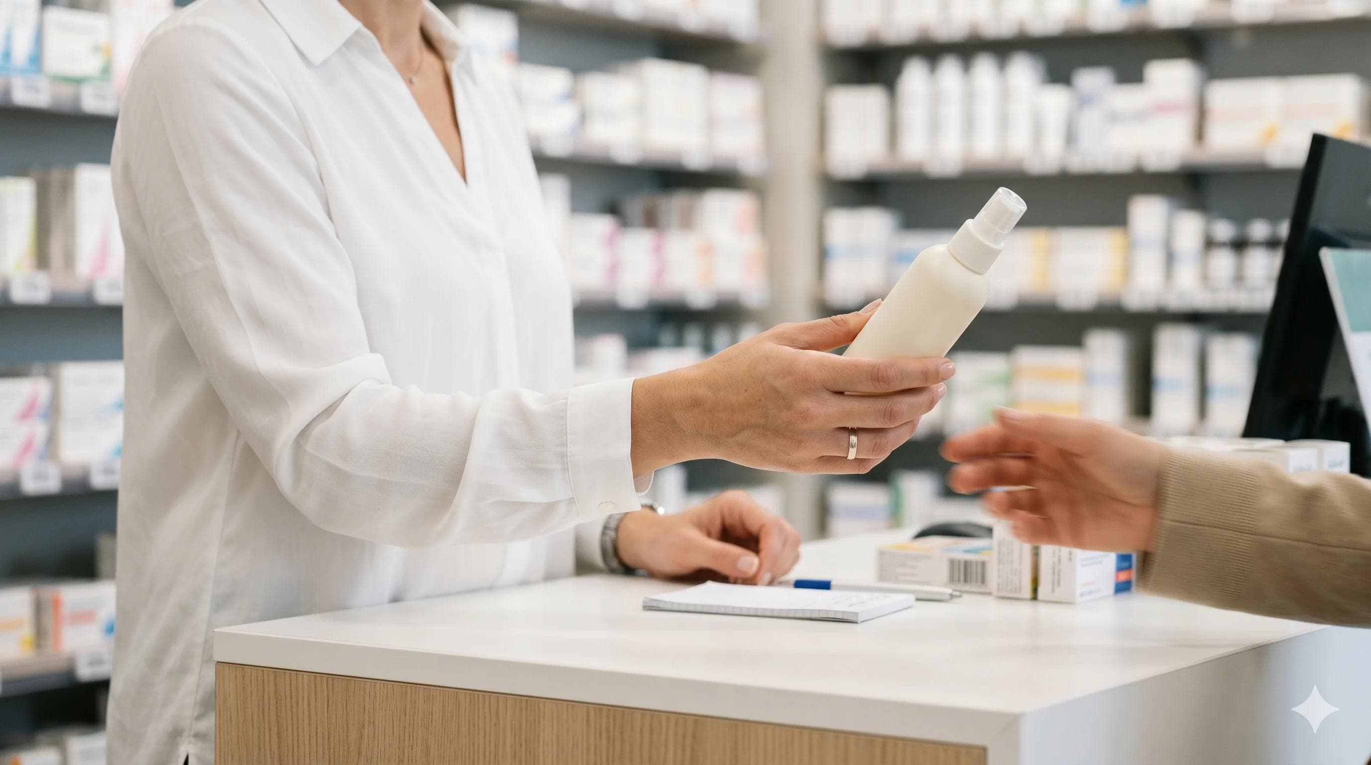Comptoir de pharmacie française illustrant l'achat du spray Fortacin sans ordonnance en libre accès Comptoir de pharmacie française illustrant l'achat du spray Fortacin sans ordonnance en libre accès