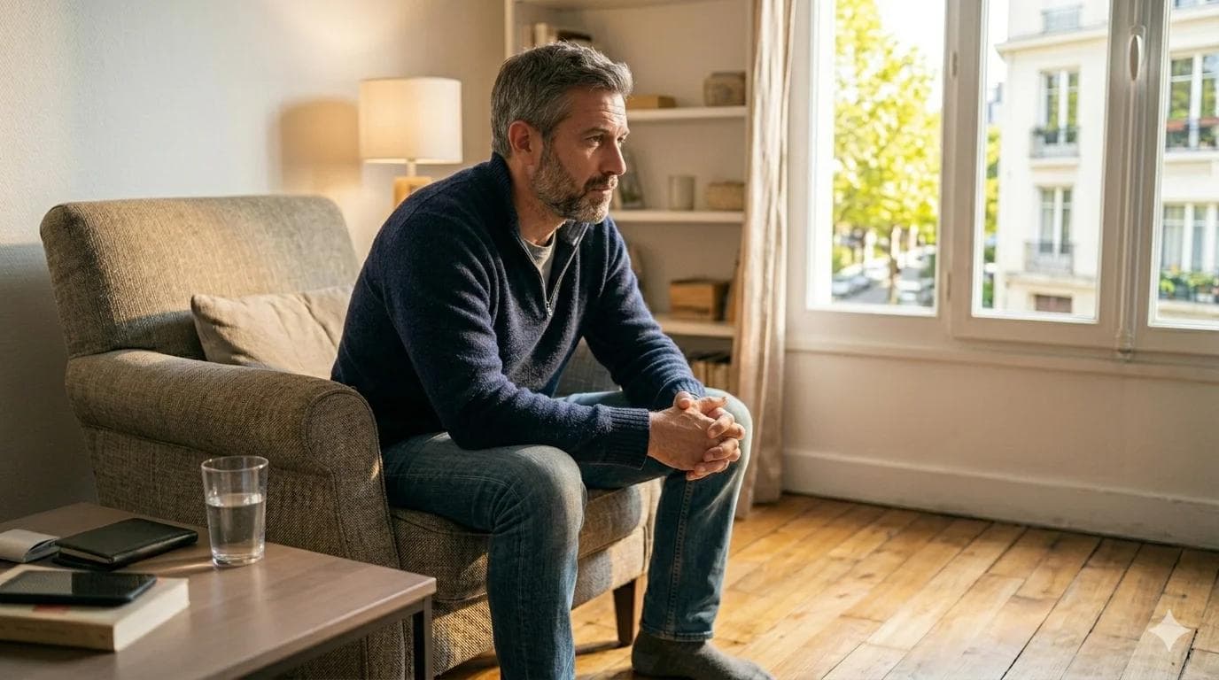 Homme impuissant dans son lit pensant à sa sexualité Homme impuissant dans son lit pensant à sa sexualité