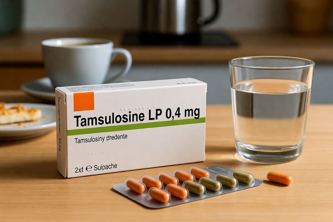 Boîte et gélules de tamsulosine LP 0,4 mg posées près d'un verre d'eau au petit-déjeuner Boîte et gélules de tamsulosine LP 0,4 mg posées près d'un verre d'eau au petit-déjeuner