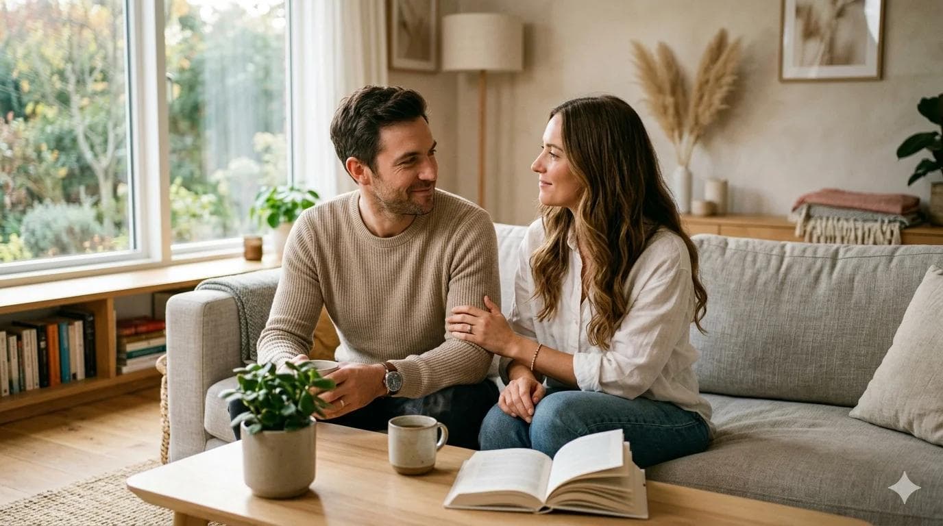 Couple détendu en pleine conversation après avoir trouvé comment contrôler son éjaculation Couple détendu en pleine conversation après avoir trouvé comment contrôler son éjaculation