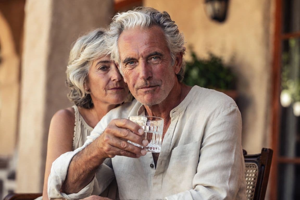 Couple mature complice sur une terrasse méditerranéenne évoquant la prise en charge post-opératoire du rabotage prostate Couple mature complice sur une terrasse méditerranéenne évoquant la prise en charge post-opératoire du rabotage prostate