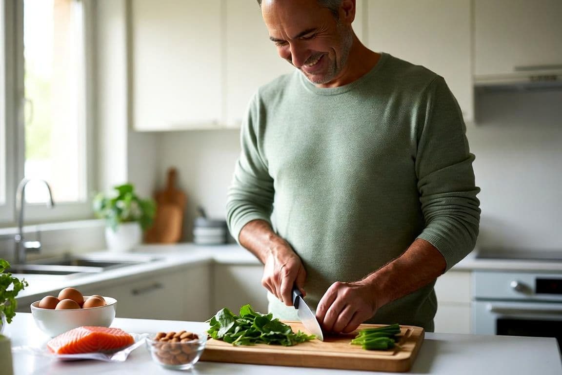 Homme qui cuisine des aliments frais pour préserver sa testostérone Homme qui cuisine des aliments frais pour préserver sa testostérone