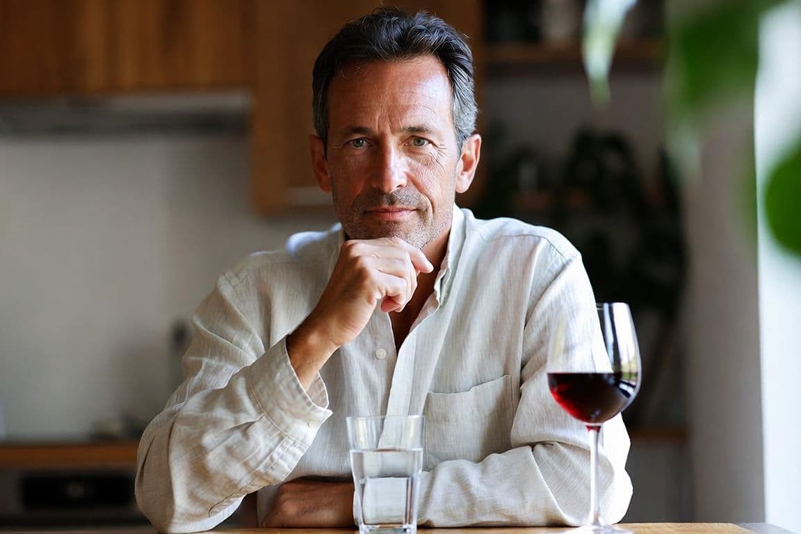 Homme de 50 ans pensif devant un verre de vin, s'interrogeant sur le lien entre alcool et maladie de La Peyronie Homme de 50 ans pensif devant un verre de vin, s'interrogeant sur le lien entre alcool et maladie de La Peyronie