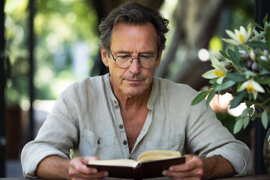 Homme de 58 ans lisant attentivement dans sa cuisine méditerranéenne évoquant le traitement miracle prostate à démystifier Homme de 58 ans lisant attentivement dans sa cuisine méditerranéenne évoquant le traitement miracle prostate à démystifier